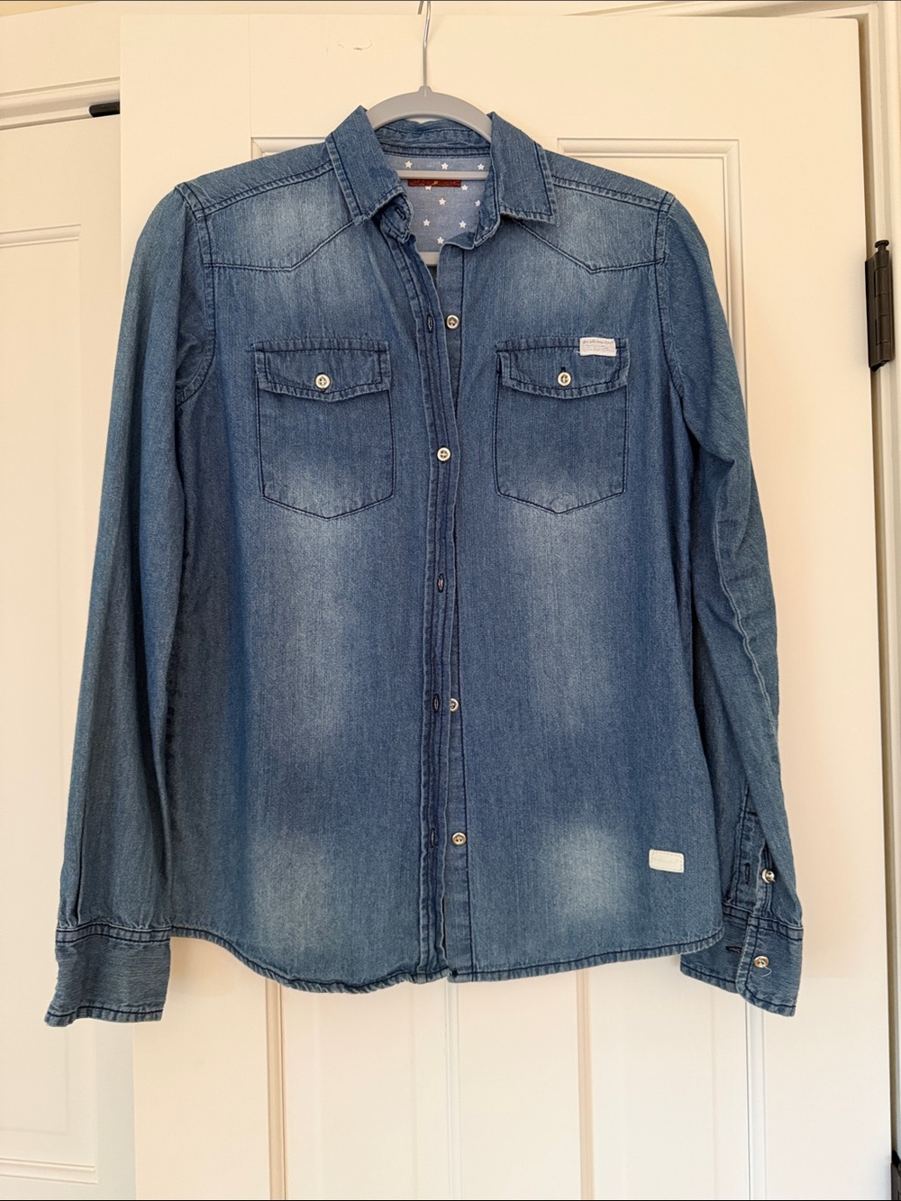7 For All Mankind Distressed Denim Long Sleeve Button-front Shirt - Size XS